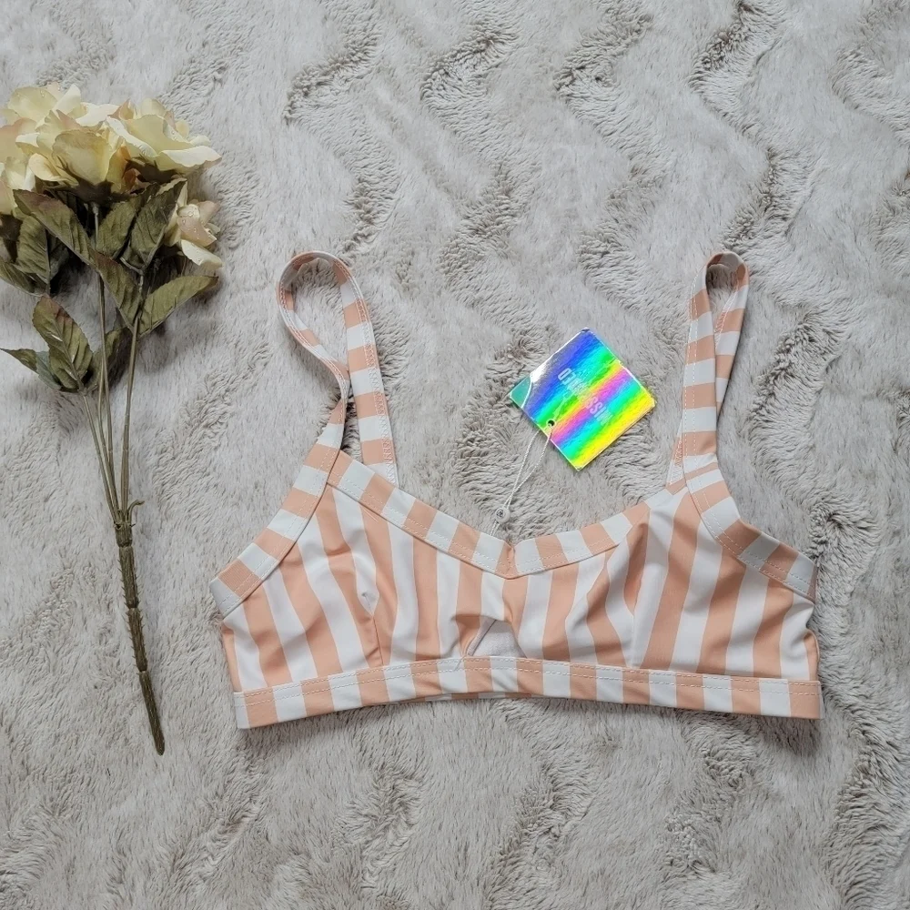 Missguided Stripe Cut Out Bikini Swim Top White Peach NWT Size 6 - Picture 2 of 12